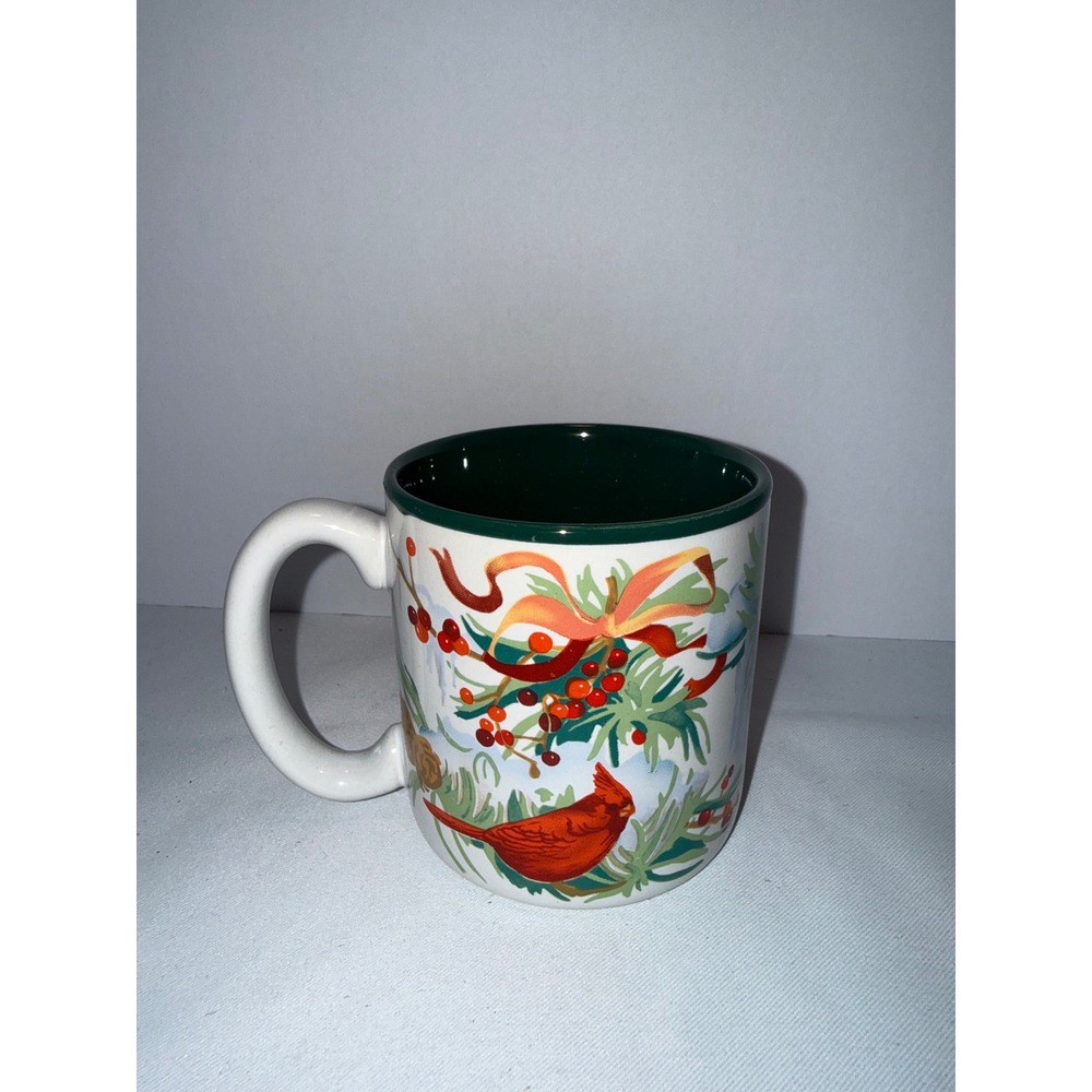 Vintage Potpourri Press Christmas Cardinals Mug 1991 Holiday Coffee Cup Green